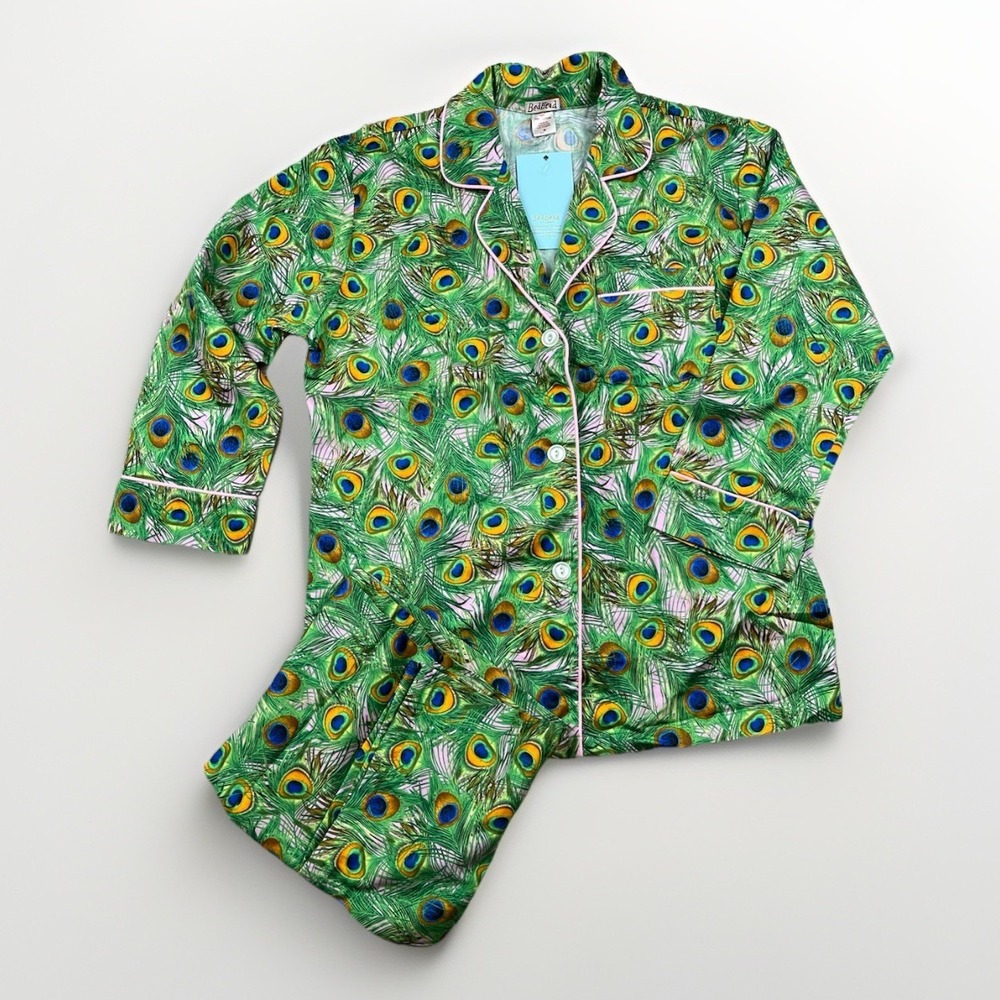 BedHead Pajama Set Size Medium Button Up Shirt & Pants Peacock Print Fine Cotton